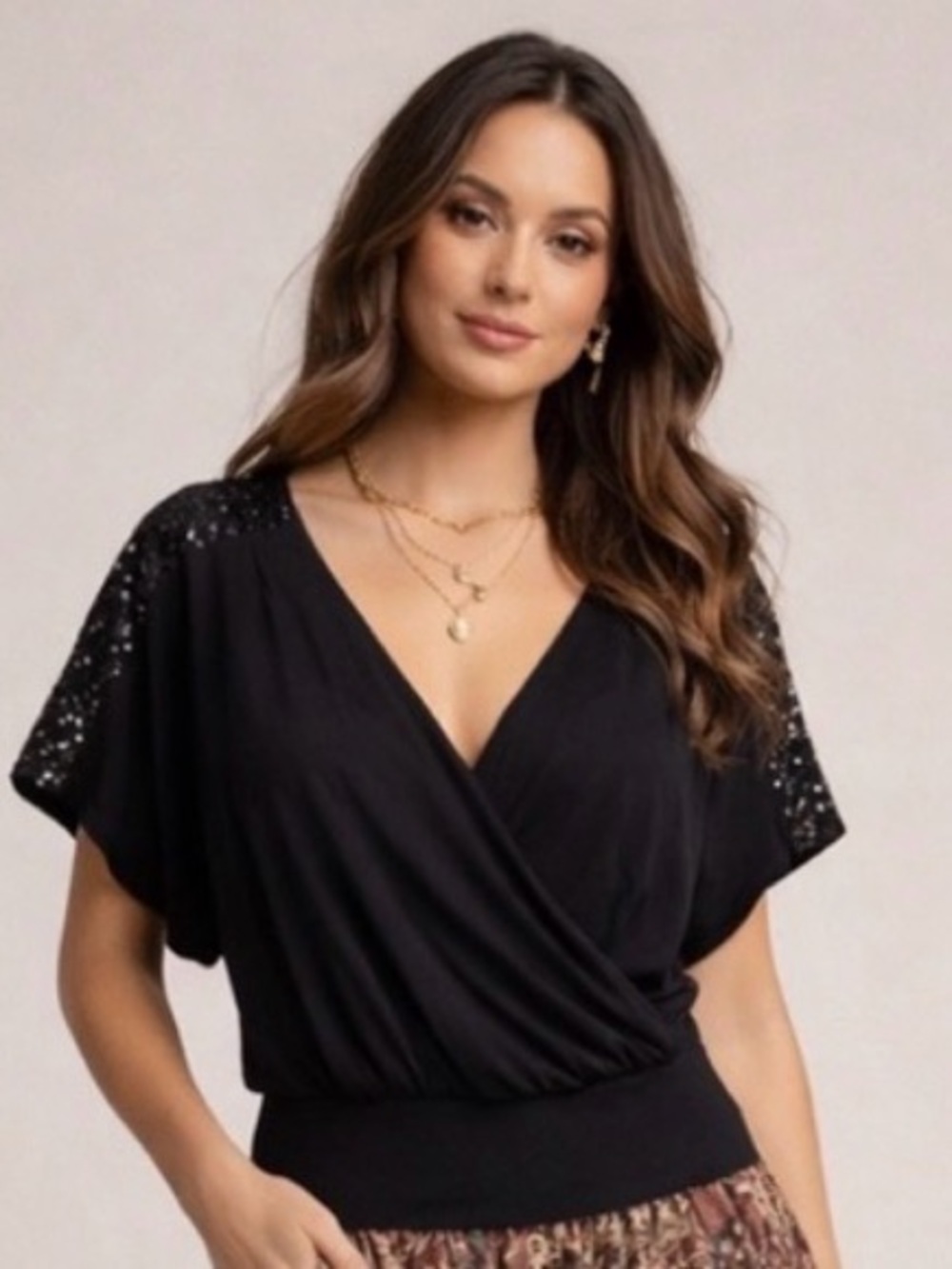 Jolie Black Wrap Blouse Sequin Shoulder Detail Dolman Sleeves Stretch Waist  XL